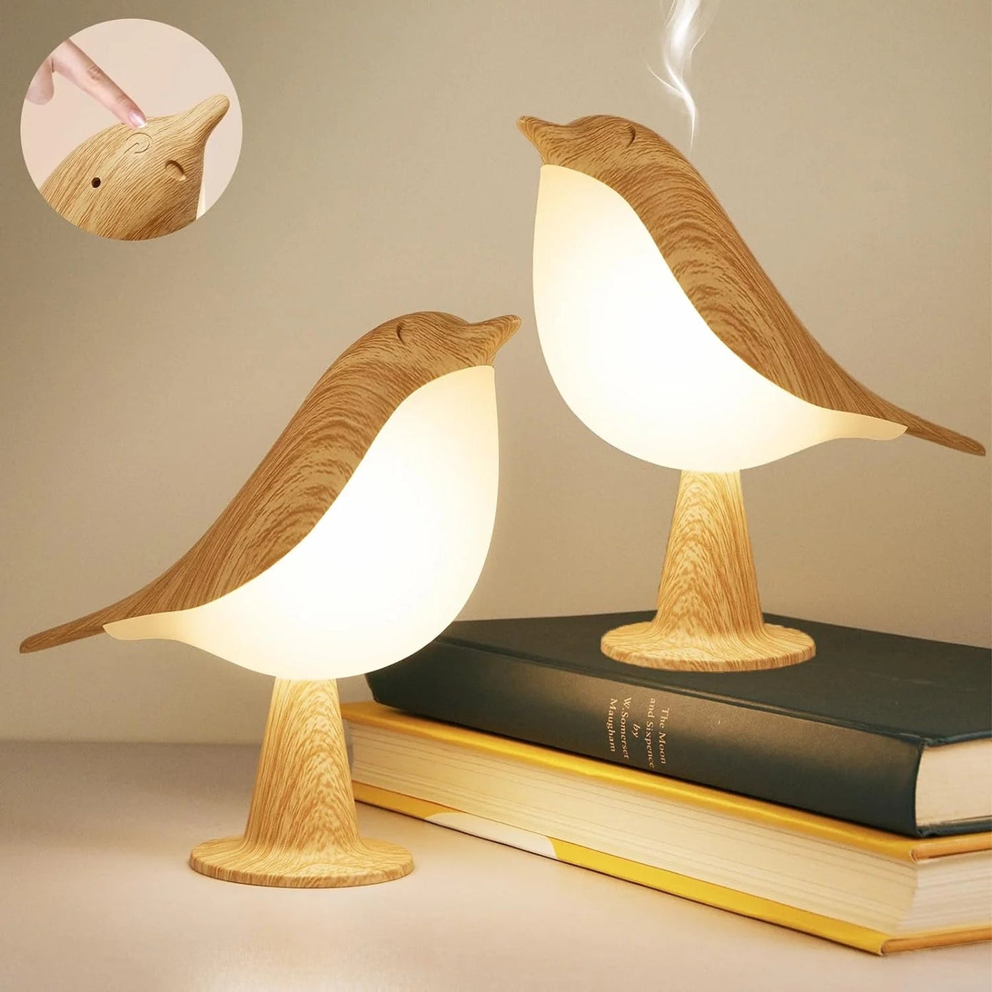 Touch-Control Wooden Bird Night Light - Rechargeable LED Lamp