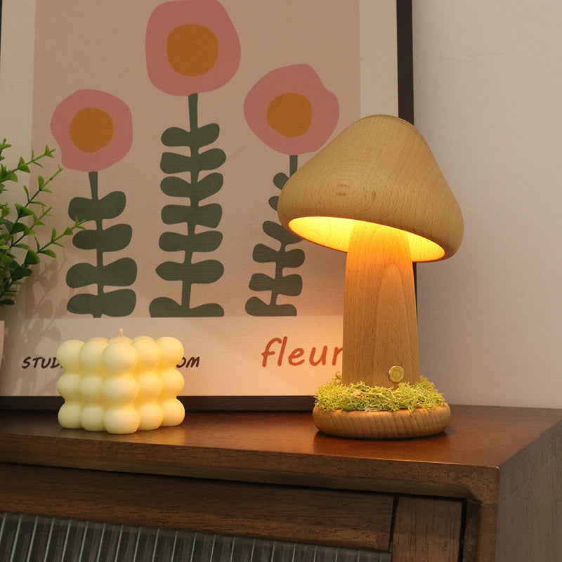 Moderne Art Deco Mushroom Round Solid Wood LED Table Lamp