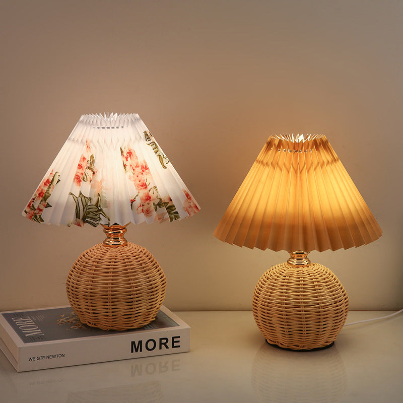 Contemporary Nordic Rattan Fabric Folded Cone Ball LED Table Lamp