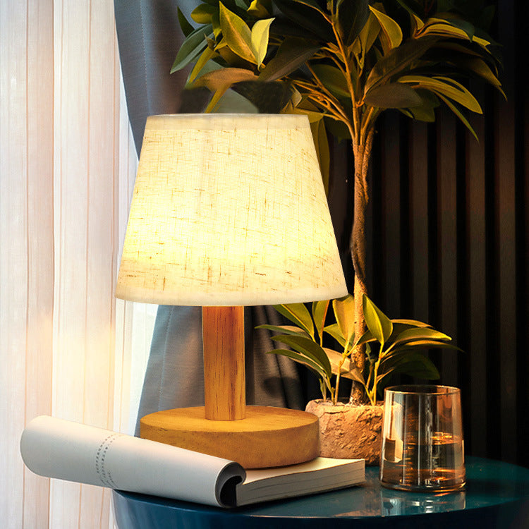 Contemporary Nordic Round Wood Fabric LED Table Lamp for Bedroom