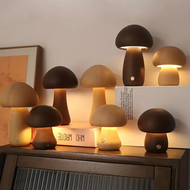 Contemporary Creative USB Mushroom Wooden LED Table Lamp