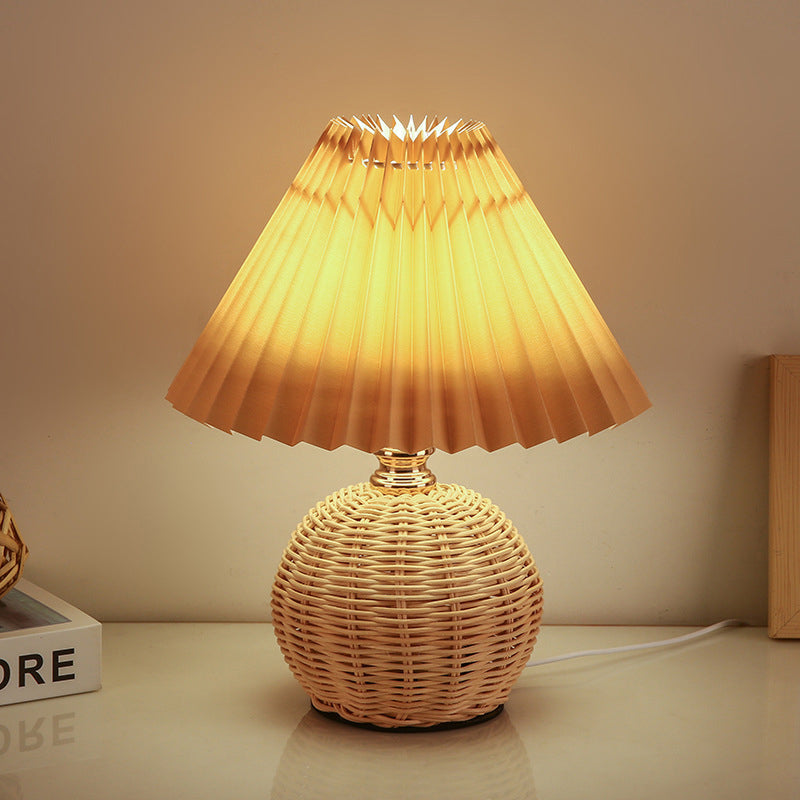 Contemporary Nordic Rattan Fabric Folded Cone Ball LED Table Lamp