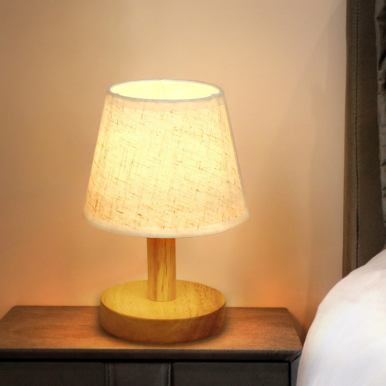 Contemporary Nordic Round Wood Fabric LED Table Lamp for Bedroom