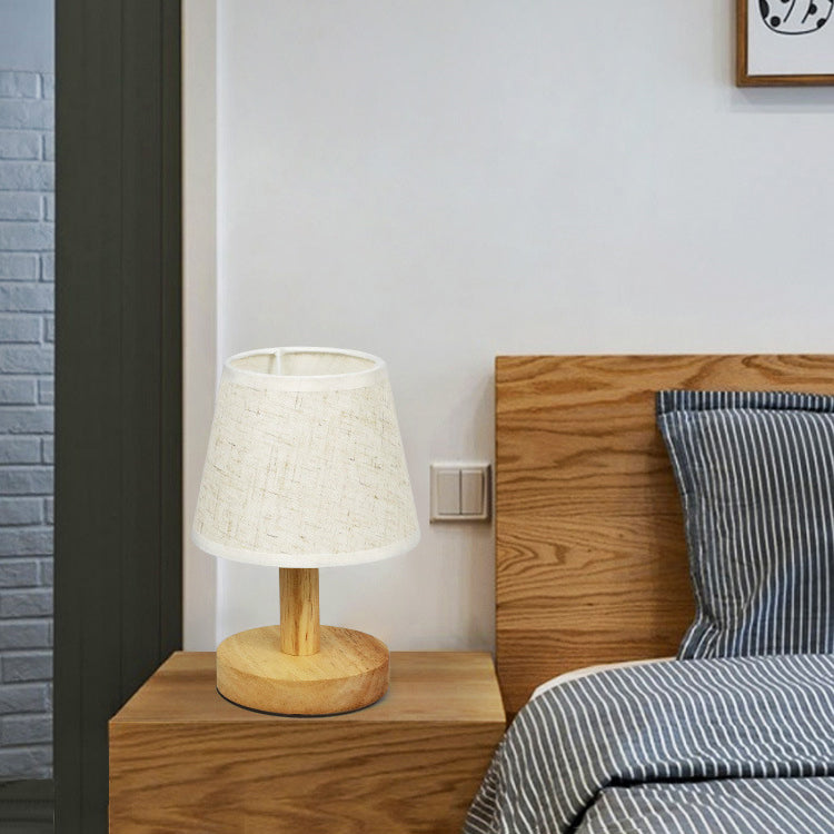 Contemporary Nordic Round Wood Fabric LED Table Lamp for Bedroom