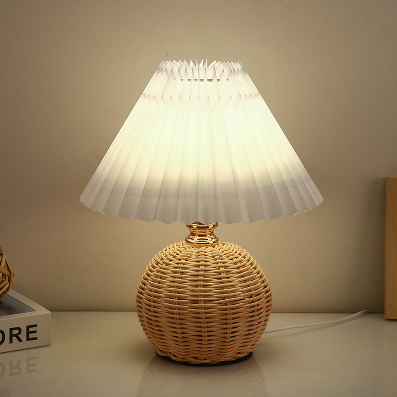 Contemporary Nordic Rattan Fabric Folded Cone Ball LED Table Lamp