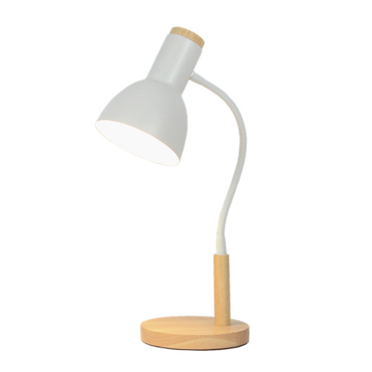 Contemporary Nordic Iron Round Shade Wooden Base 1-Light Desk Lamp for Home Office
