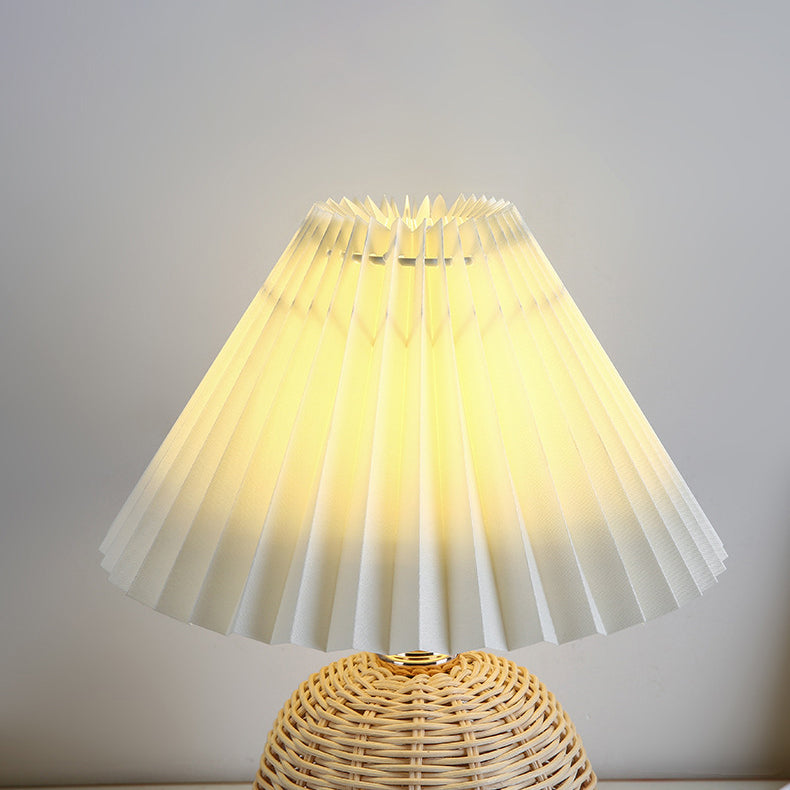 Contemporary Nordic Rattan Fabric Folded Cone Ball LED Table Lamp