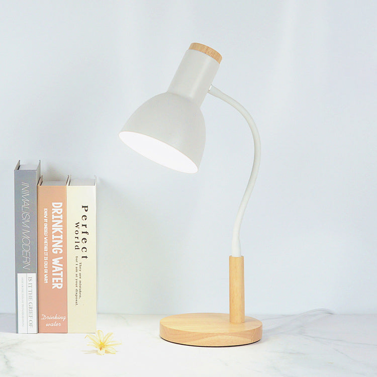 Contemporary Nordic Iron Round Shade Wooden Base 1-Light Desk Lamp for Home Office