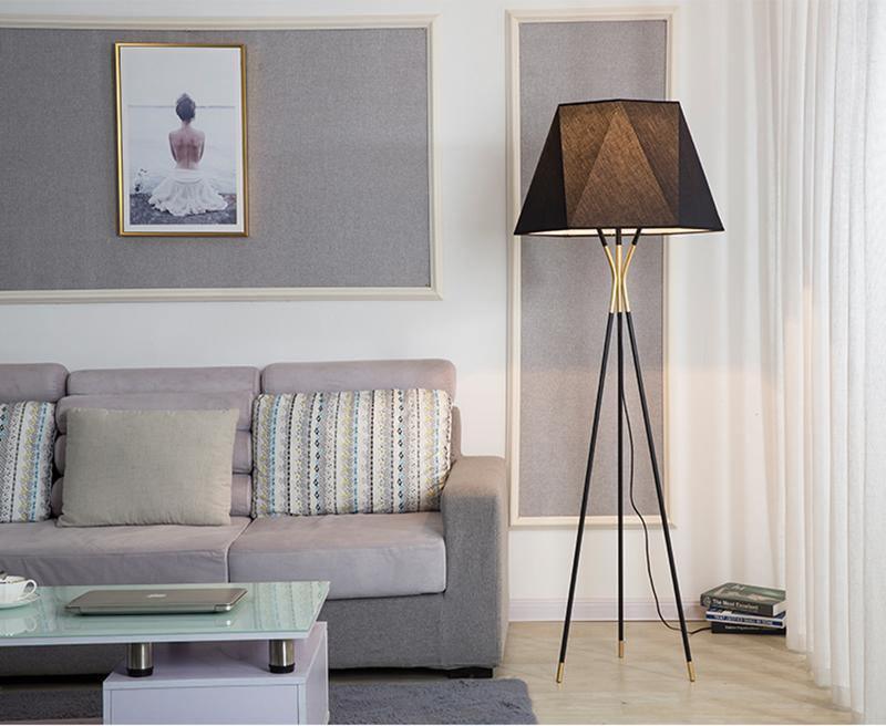 Solitaire Floor Lamp with Black Cloth Shade and Brass Legs