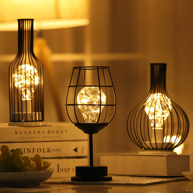 Retro Iron Wine Bottle Night Light Table Lamp LED Decor