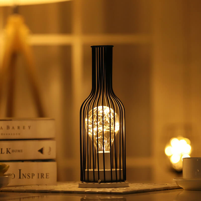Retro Iron Wine Bottle Night Light Table Lamp LED Decor