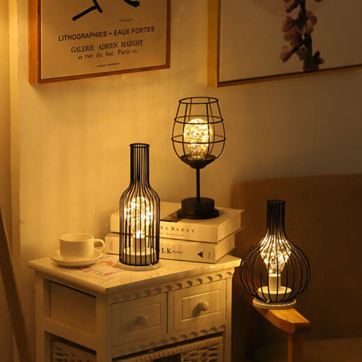 Retro Iron Wine Bottle Night Light Table Lamp LED Decor