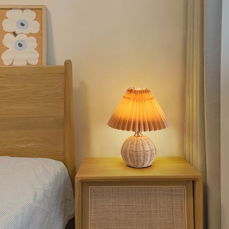 Contemporary Nordic Rattan Fabric Folded Cone Ball LED Table Lamp