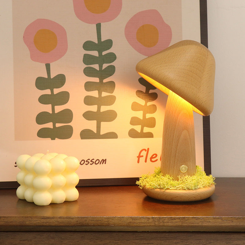 Moderne Art Deco Mushroom Round Solid Wood LED Table Lamp