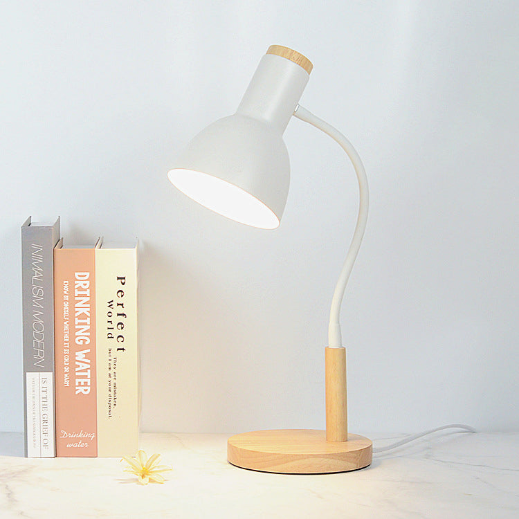 Contemporary Nordic Iron Round Shade Wooden Base 1-Light Desk Lamp for Home Office