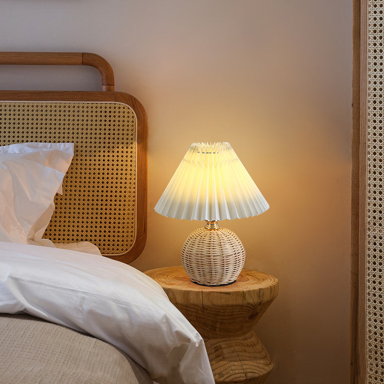 Contemporary Nordic Rattan Fabric Folded Cone Ball LED Table Lamp
