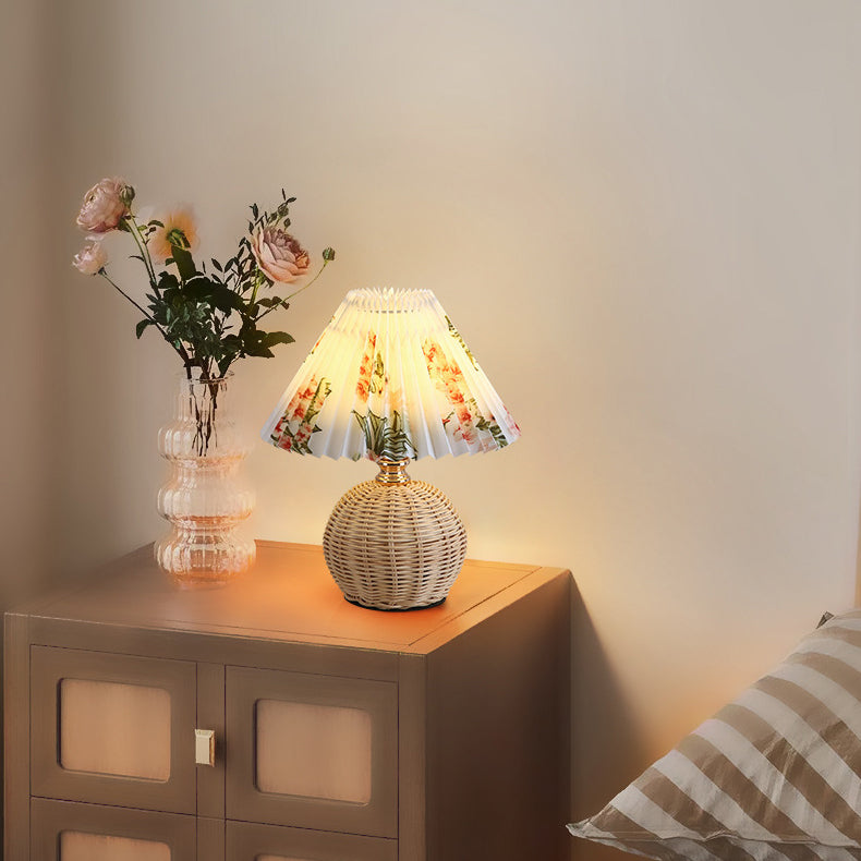 Contemporary Nordic Rattan Fabric Folded Cone Ball LED Table Lamp
