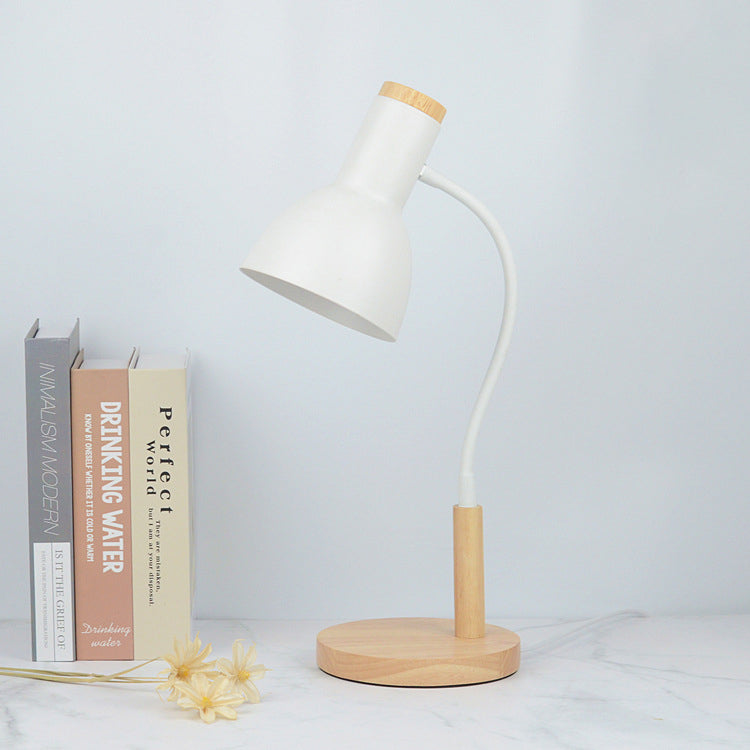 Contemporary Nordic Iron Round Shade Wooden Base 1-Light Desk Lamp for Home Office