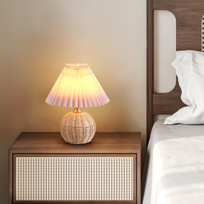Contemporary Nordic Rattan Fabric Folded Cone Ball LED Table Lamp