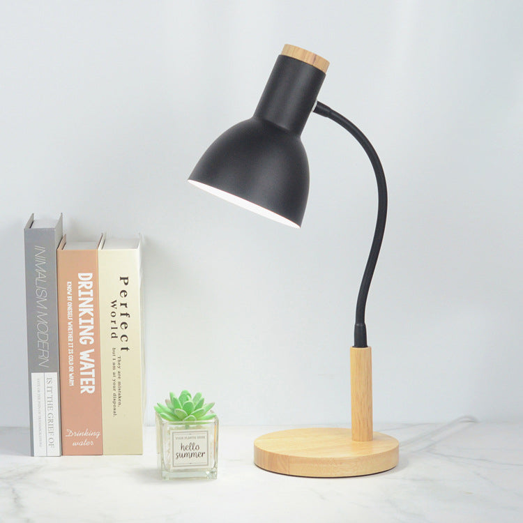 Contemporary Nordic Iron Round Shade Wooden Base 1-Light Desk Lamp for Home Office
