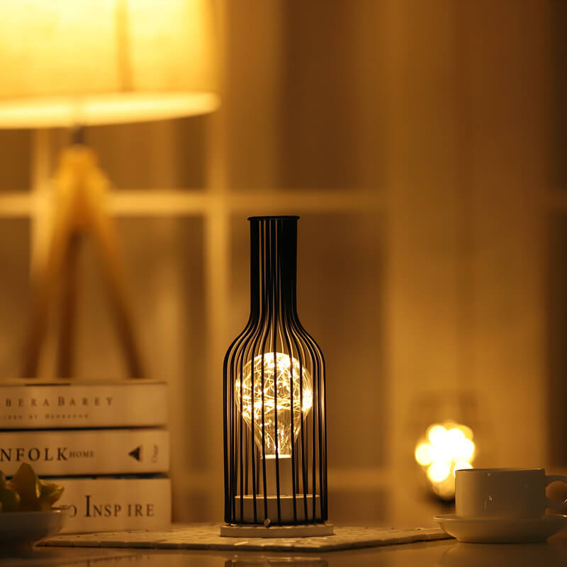 Retro Iron Wine Bottle Night Light Table Lamp LED Decor
