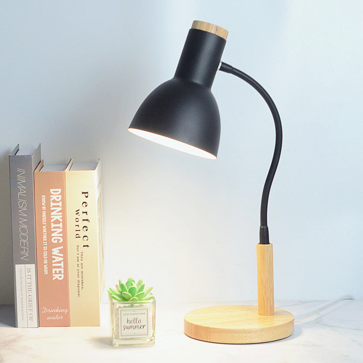 Contemporary Nordic Iron Round Shade Wooden Base 1-Light Desk Lamp for Home Office