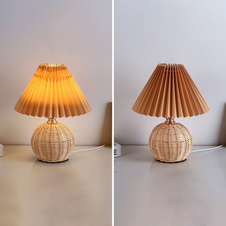 Contemporary Nordic Rattan Fabric Folded Cone Ball LED Table Lamp