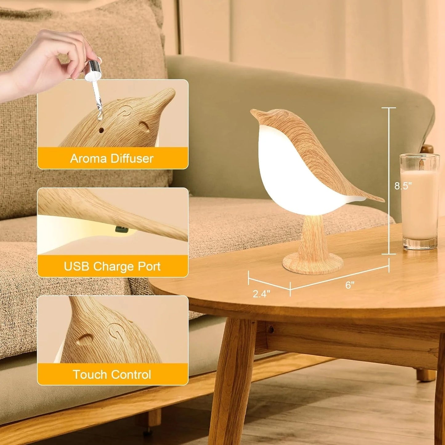 Touch-Control Wooden Bird Night Light - Rechargeable LED Lamp