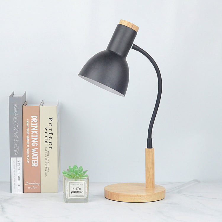 Contemporary Nordic Iron Round Shade Wooden Base 1-Light Desk Lamp for Home Office
