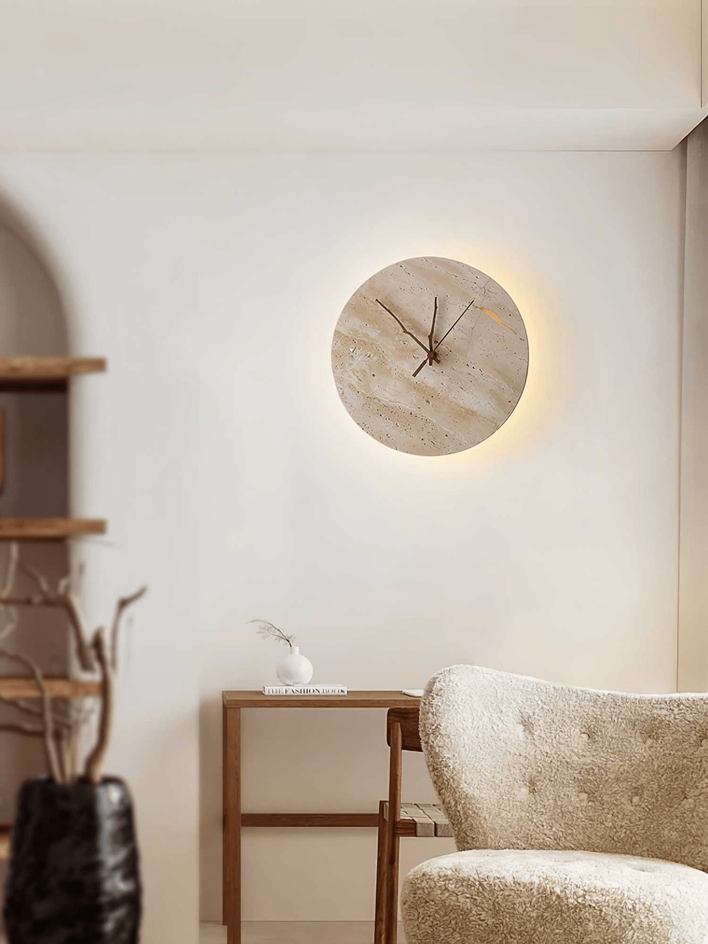 Clock Travertine Wall Lamp with LED Light and Bronze Hands