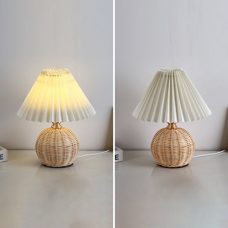 Contemporary Nordic Rattan Fabric Folded Cone Ball LED Table Lamp