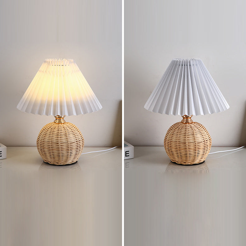 Contemporary Nordic Rattan Fabric Folded Cone Ball LED Table Lamp