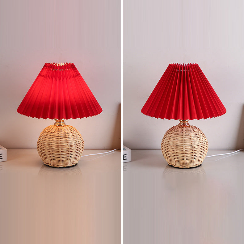 Contemporary Nordic Rattan Fabric Folded Cone Ball LED Table Lamp