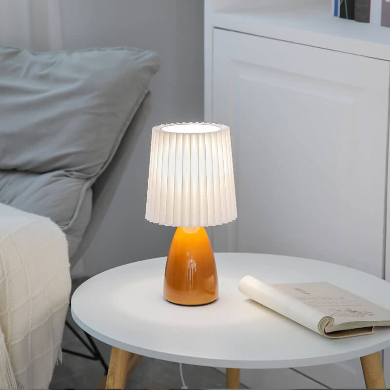 Scandinavian Retro Table Lamp with Pleated Shade and Glass Base