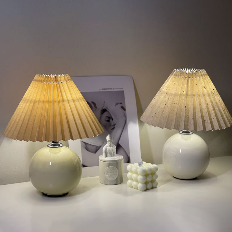 Modern Minimalist Round Fabric Fold Ceramic LED Table Lamp for Bedroom
