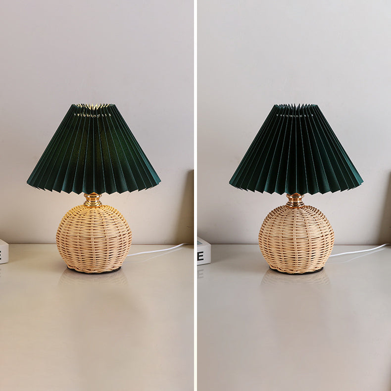 Contemporary Nordic Rattan Fabric Folded Cone Ball LED Table Lamp