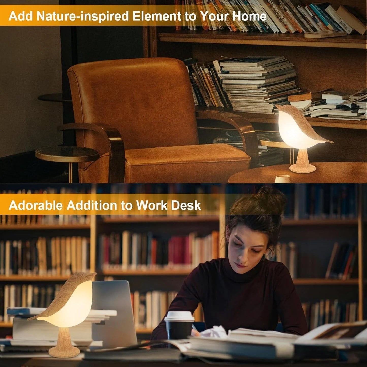 Touch-Control Wooden Bird Night Light - Rechargeable LED Lamp