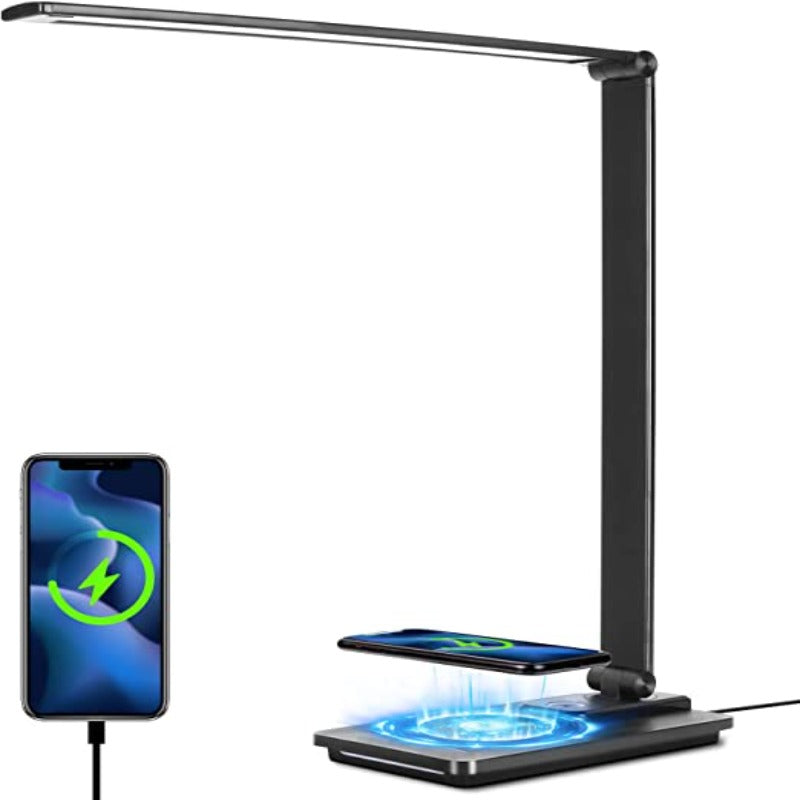 LED Desk Lamp with 10W Wireless Charger and USB Port, Study Lamp with 5 Brightness Modes, Fully Dimmable, Touch Control for Office Use