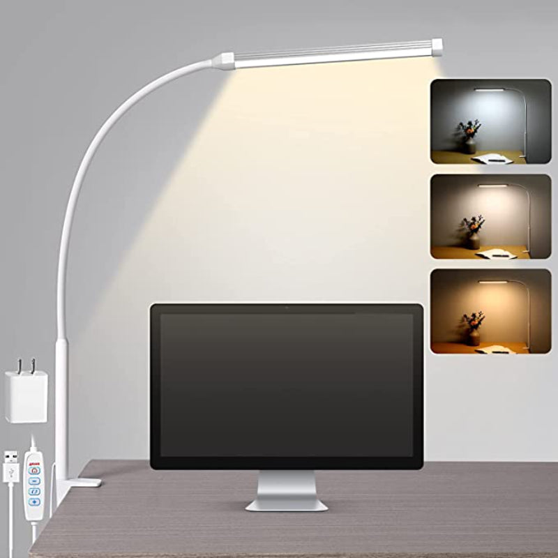 LED Desk Lamp with Eye-Caring Clip-On Lights for Home Office, 3 Modes 10 Brightness Levels, Flexible Goose Neck, Metal, Adjustable Architect Task Lamp with USB Adapter, White