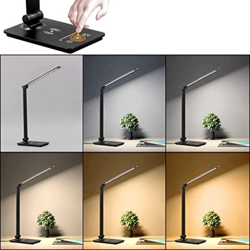 LED Desk Lamp with Wireless Charging, Touch Control, 5 Color Modes, Full Dimming, Eye-Friendly Study Light, Adjustable Arm, 30/60 Min Auto Timer