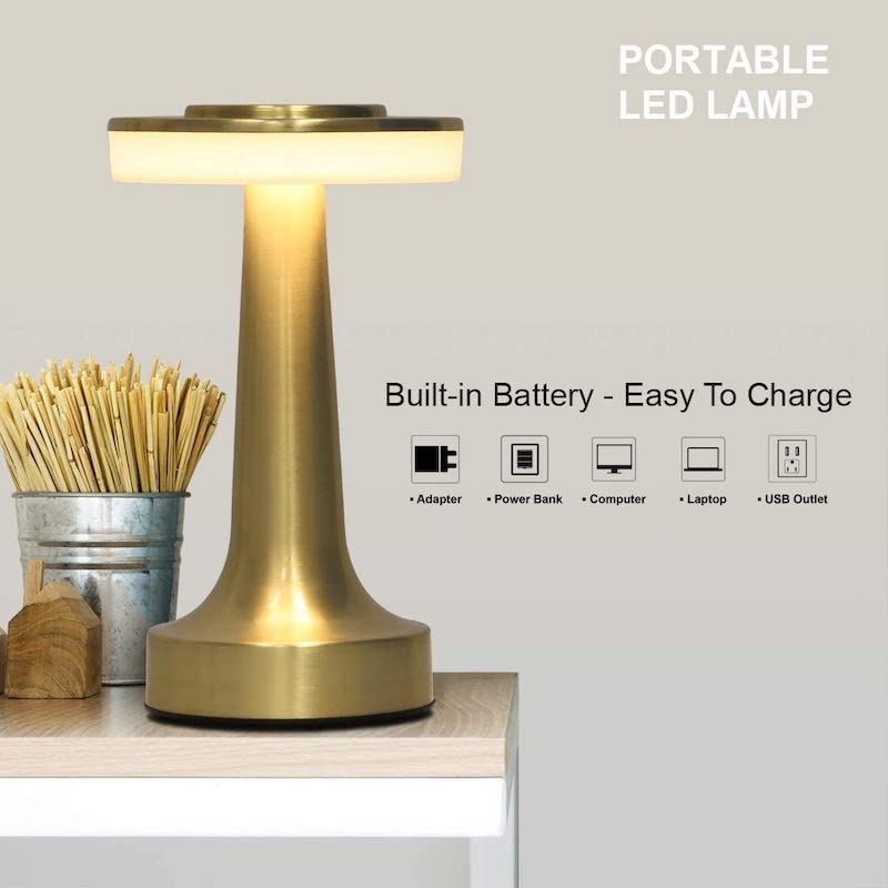 Portable LED Table Lamp with Touch Sensor, 3 Brightness Levels, Rechargeable Battery Up to 48 Hours, Kids Night Light, Bedside Lamp, Gold