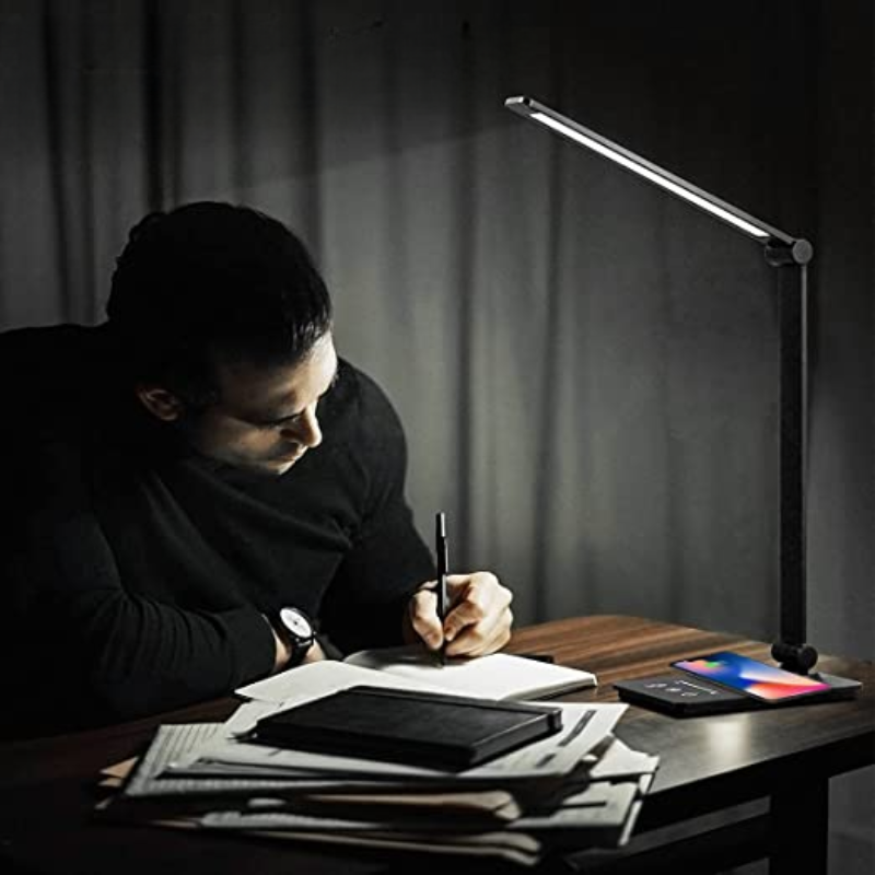 LED Desk Lamp with Wireless Charging, Touch Control, 5 Color Modes, Full Dimming, Eye-Friendly Study Light, Adjustable Arm, 30/60 Min Auto Timer