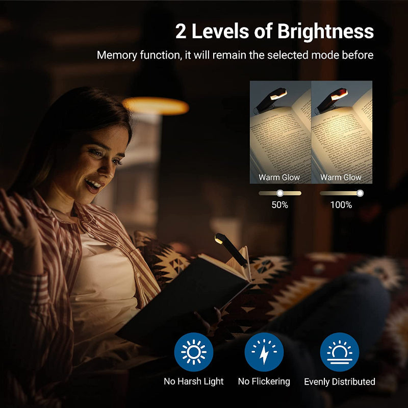 Rechargeable Book Light for Reading in Bed, Warm White, Adjustable Brightness for Eye Protection, LED Clip-On Reading Light for Kids, Portable Bookmark Lamp