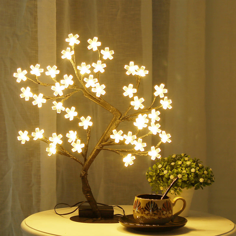 LED Art Deco Black Table Lamp with Cherry Blossom Shade
