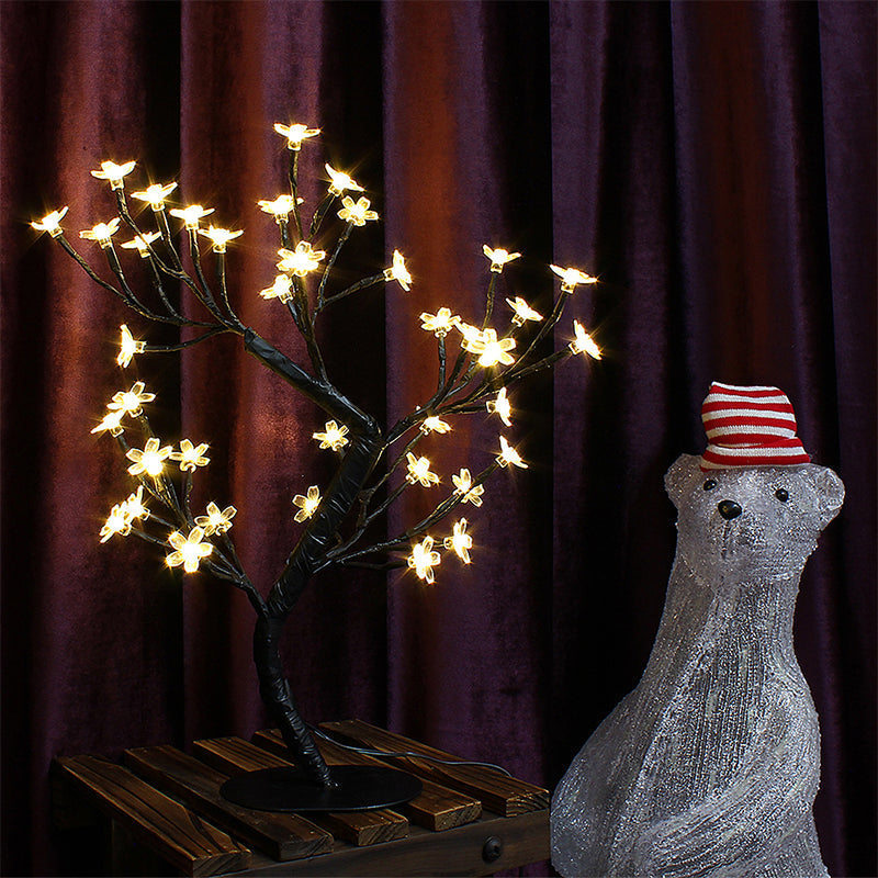LED Art Deco Black Table Lamp with Cherry Blossom Shade