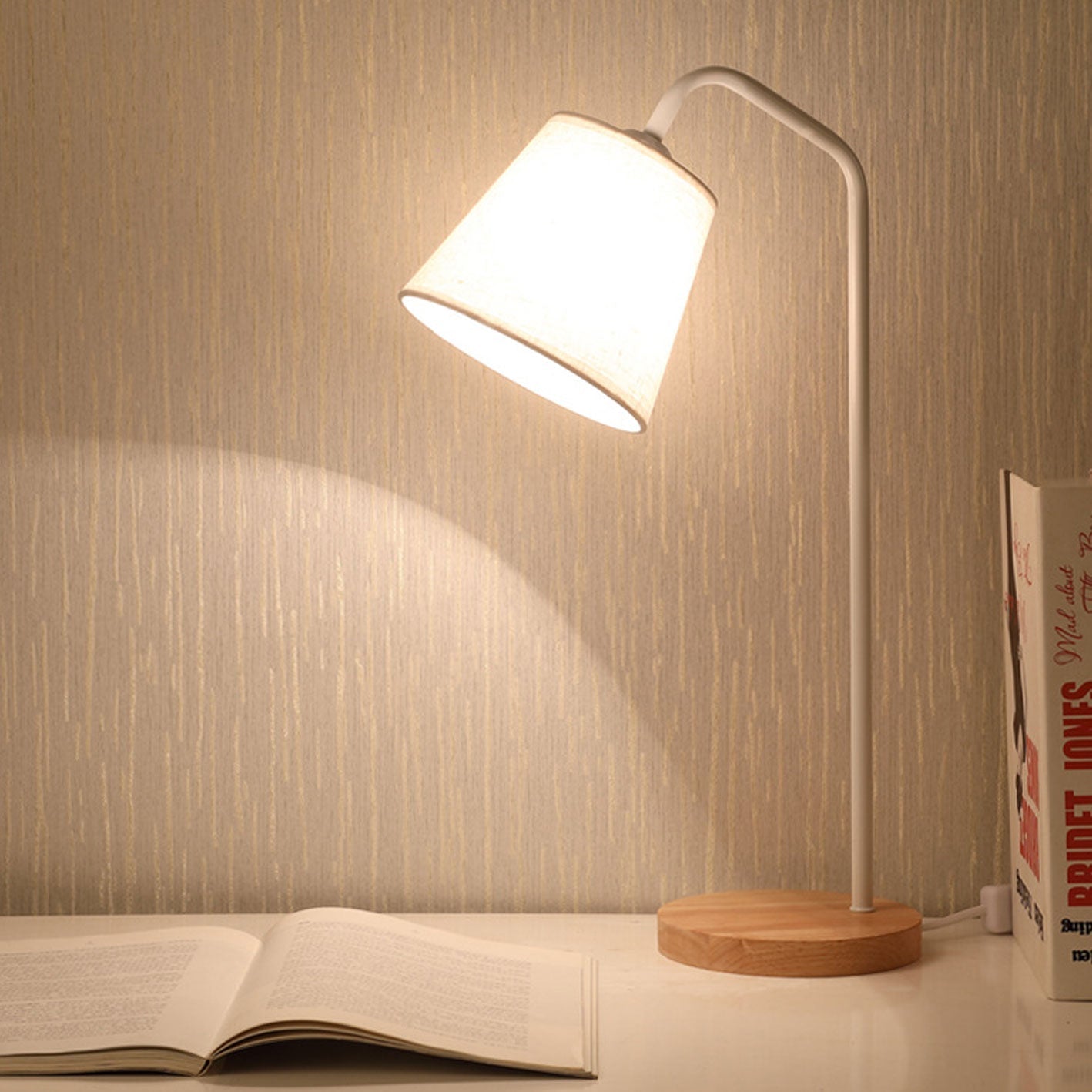 Nordic Minimalist Cone Linen Shade Wooden Base Table Lamp