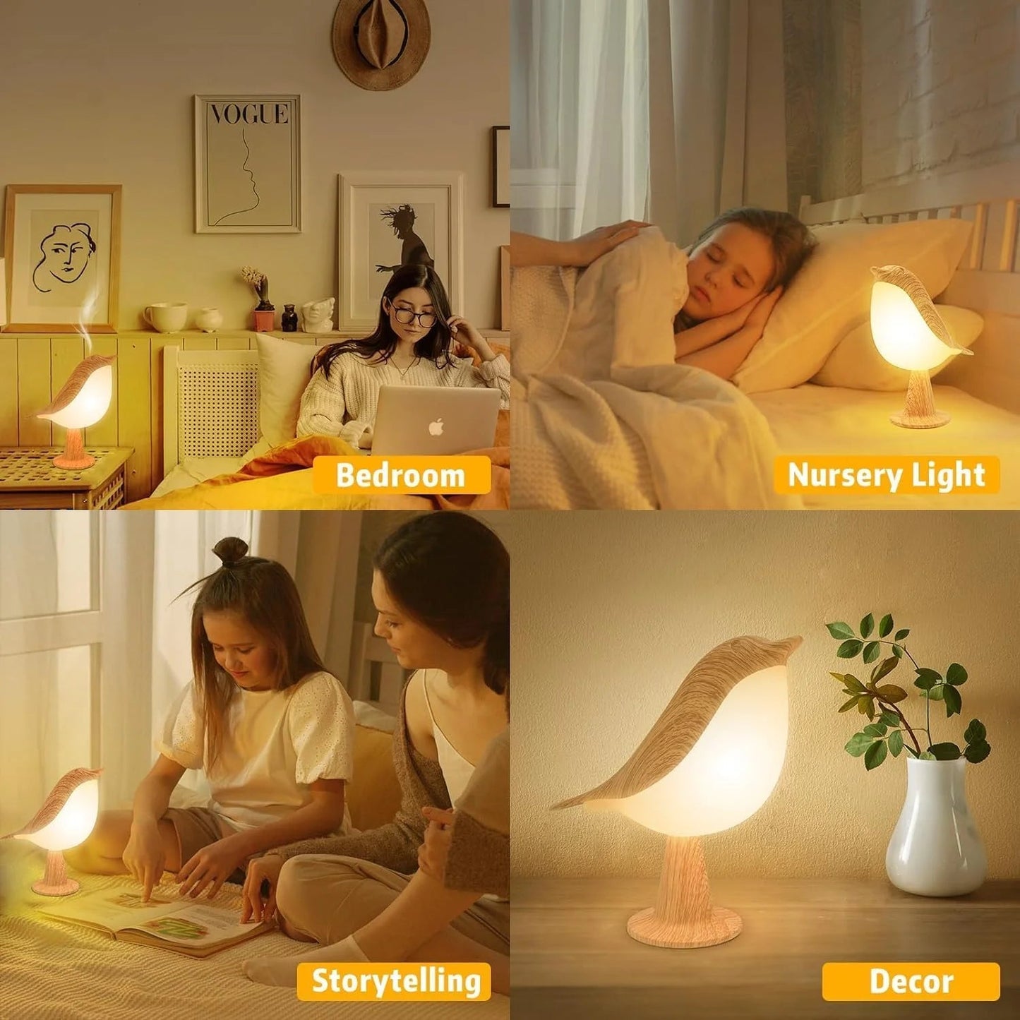 Touch-Control Wooden Bird Night Light - Rechargeable LED Lamp