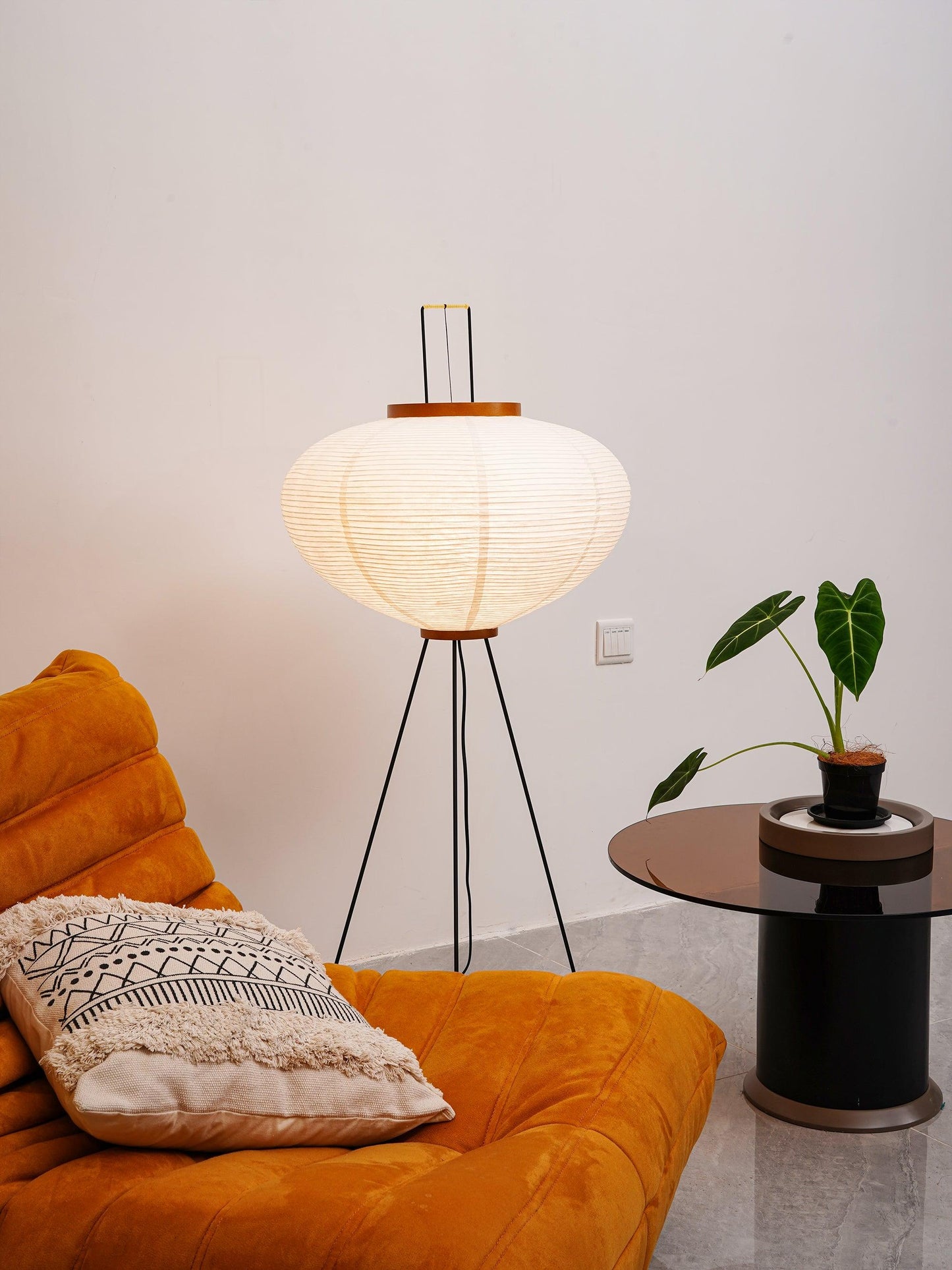 Rice Paper Floor Lamp - Indoor LED Lantern Design, Black