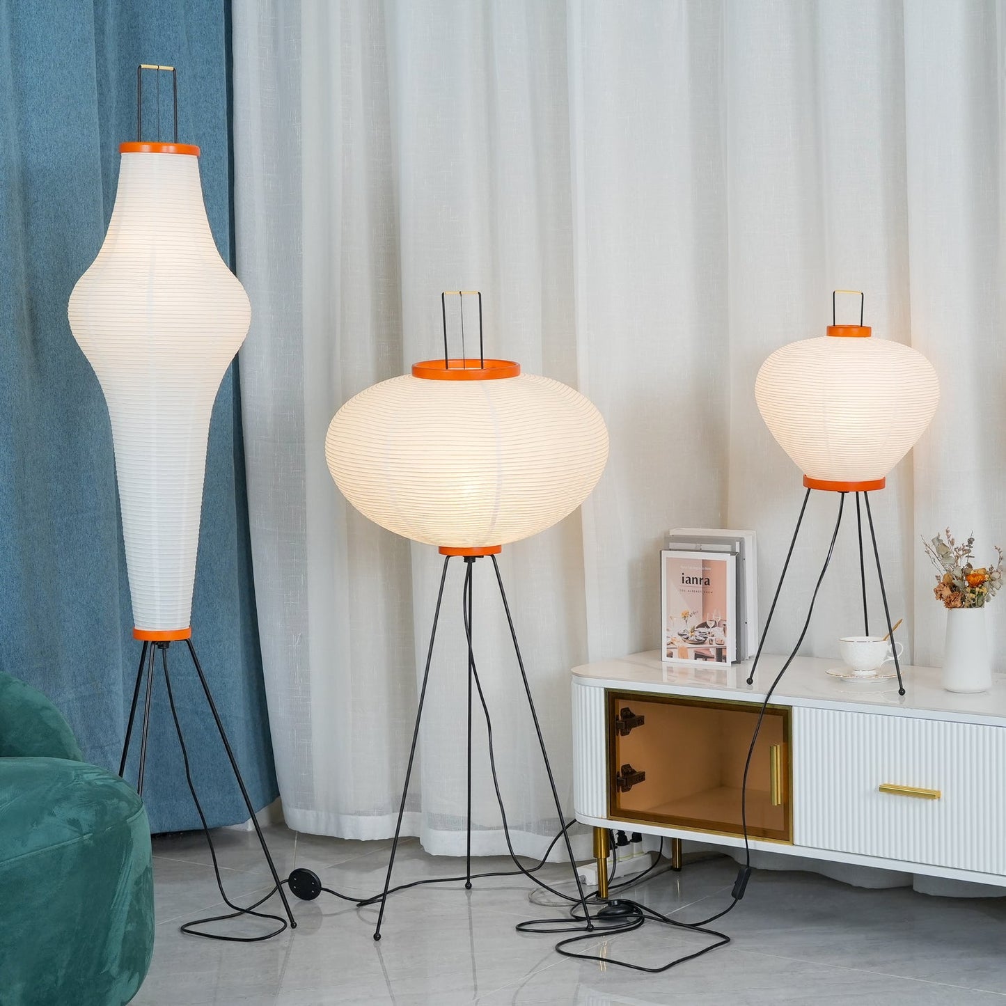 Rice Paper Floor Lamp - Indoor LED Lantern Design, Black
