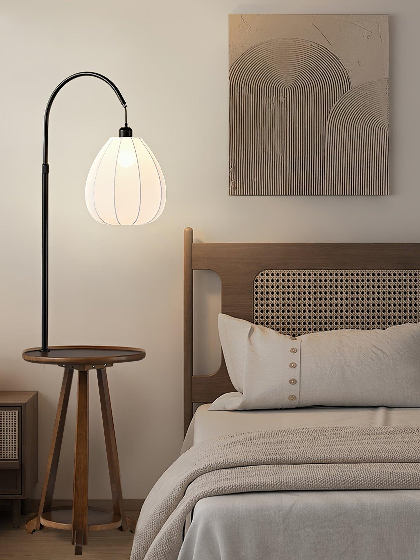 Arc Side Table Floor Lamp with LED Shade - Black Metal & Wood